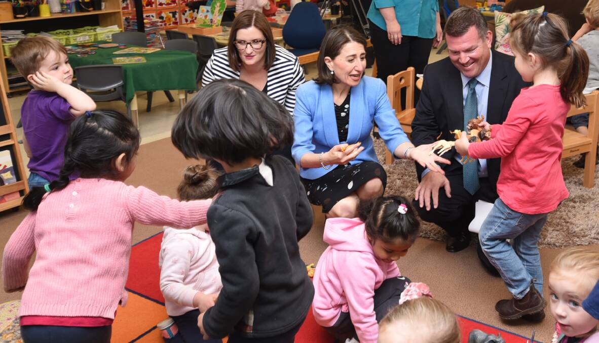 Funds flowing: Minister for Early Childhood Sarah Mitchell, Premier Gladys Berejiklian and Nationals candidate Dugald Saunders at Dubbo West preschool. Photo: Belinda Soole