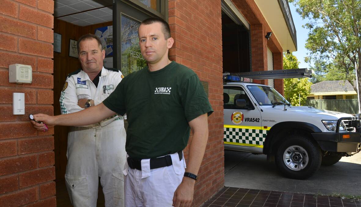 SECURITY: Dubbo Rescue Squad deputy captain Neil Sturrock and captain David Chenhall at the Cobra Street base after Thursday's attempted break-in. Photo: BELINDA SOOLE
