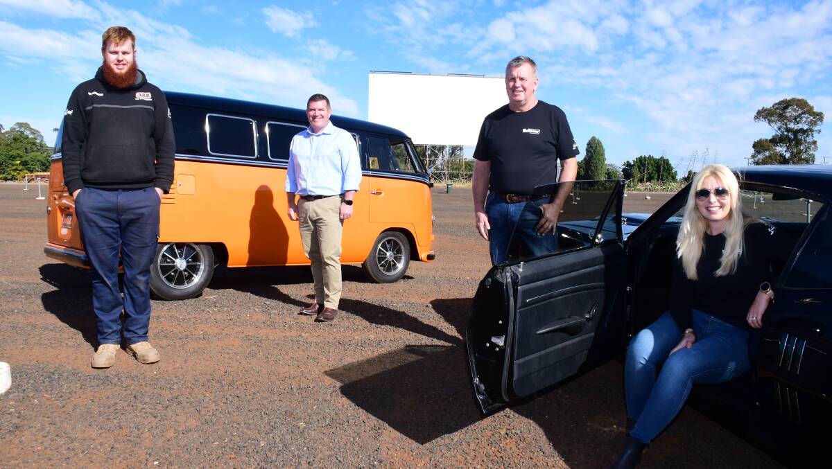 Together apart: Clint Seton, Dugald Saunders, and classic car fans Chris and Nicki Seton at the Dubbo Westview Drive-In. Photo: BELINDA SOOLE