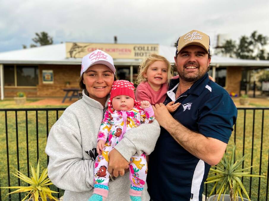Collie Hotel owners Emily and Tom Hancock with daughters Oaklyn, 10 weeks, and Eliza, 3. The Hancocks are celebrating their five year anniversary of owning the pub today, and have taken to making videos to connect with the community during lockdown. Photo: Supplied 