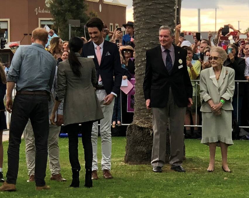 Welcoem: Max Rabbett greeted the Duke and Duchess of Sussex when they arrived at Victoria Park for the Picnic in the Park community event. Photo: Supplied. 