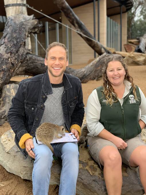 Outback Adventure: Meerkat keeper Karen James with Today Show weather presenter Tim Davies. Photo: Supplied 