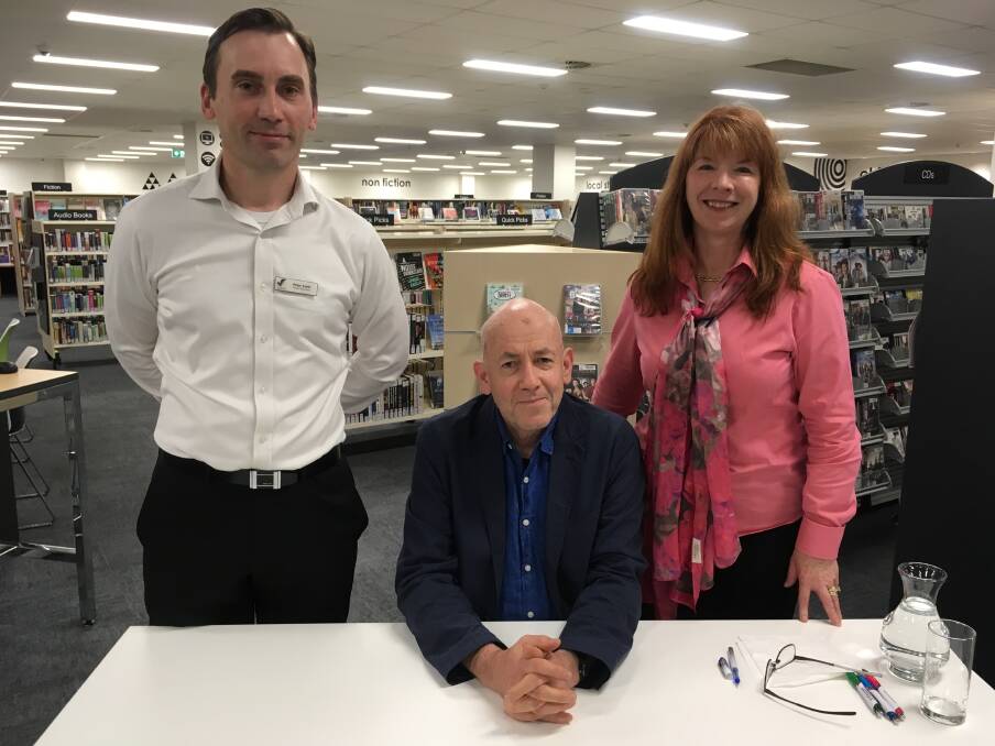 Macquarie Regional Library Dubbo branch manager Peter Irwin, children’s author Morris Gleitzman, and Macquarie Regional Library manager Kathryn McAlister. Photo: Supplied. 