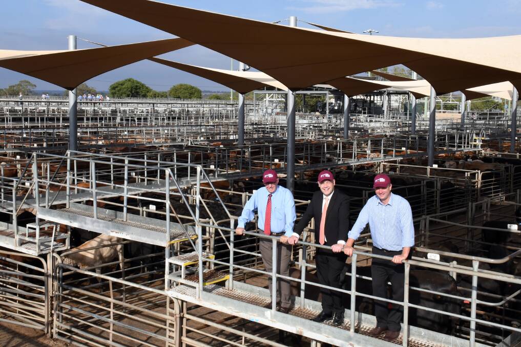 Drought funding: Federal Member for Parkes Mark Coulton, Dubbo Regional Council Mayor Ben Shields and saleyard and showgrounds manager Ross McCarthy. Photo: Belinda Soole. 