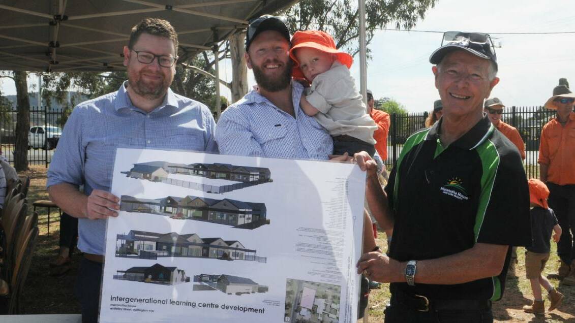 Architect Kirk Gleeson, builder Matt Redfern with son Freddie and Maranatha Vice Chairman Terry Frost in September 2019 during the first sod turning. Photo: Taylor Jurd. 