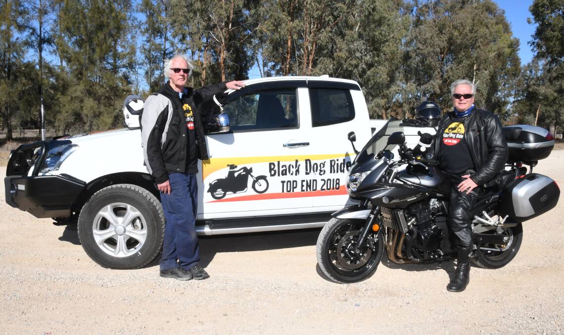 Helping to start conversations: Dubbo riders Michael Blackett and Greg Markwick ahead of the Black Dog Ride Dubbo to Darwin trip. Photo: Belinda Soole. 