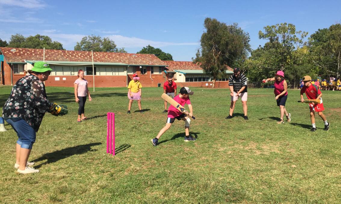 Howzat: Staff and students at Dubbo South Public School wore pink in support of the McGrath Foundation during their Pinks Stumps Day fundraiser. Photo: Taylor Jurd