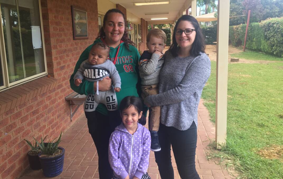 Thanks Mum: Chelsea Flanders with Jerahmyah Elia, 4 months, and Anahera Ranga, 4 years, and Shelley and Benji McGhee at the Stepping Stones morning tea. Photo: Taylor Jurd.