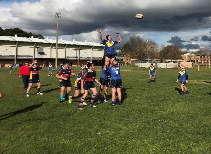 SEND HIM UP: James Sheahan's under-16 outfit take possession in a line-out last Tuesday at the NSW Rugby Union Waratah Cup. Photo: SUPPLIED.