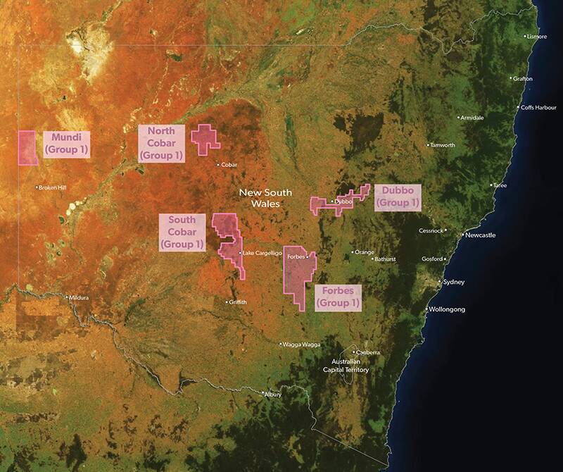 MAAs: The mineral allocation areas (MAAs) are at Dubbo, Mundi, Forbes, and north and south Cobar. Image: Contributed