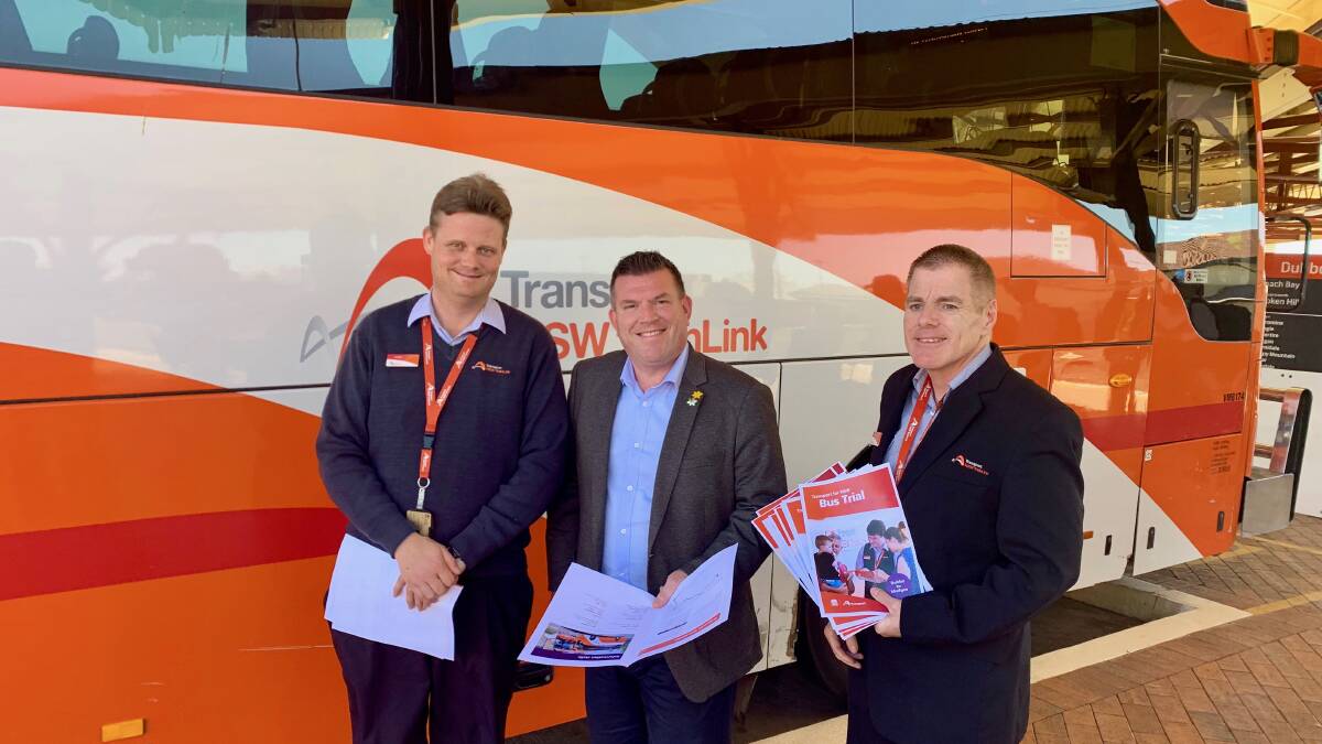 TRIAL: Member for the Dubbo electorate Dugald Saunders (centre) is promoting a trial NSW TrainLink coach service connecting Goodooga with Dubbo. Photo: Contributed. 