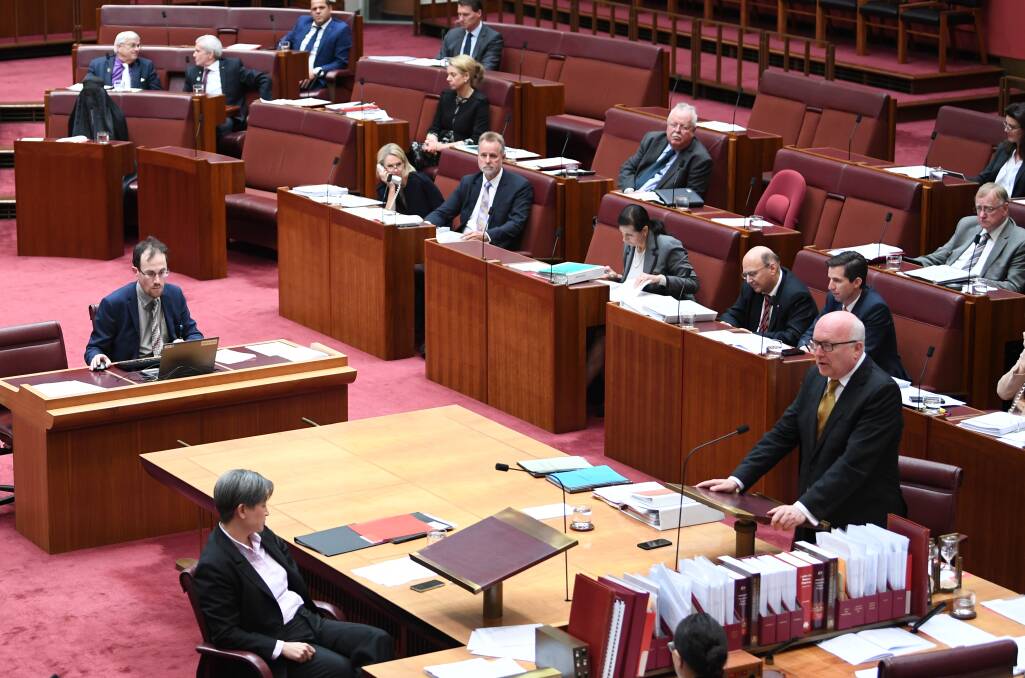 SENATE SURPRISE: Pauline Hanson (far left) wears a burqa in the Senate on August 17. Photo: Lukas Coch/AAP