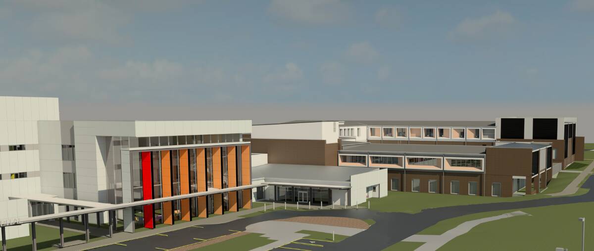 REDEVELOPMENT: An artist's impression of the entry to the under-construction three-storey clinical building (left) where a ground-floor imaging department will house an MRI machine. The Talbragar Building (right) features a completed level one renal unit. Photo: Contributed