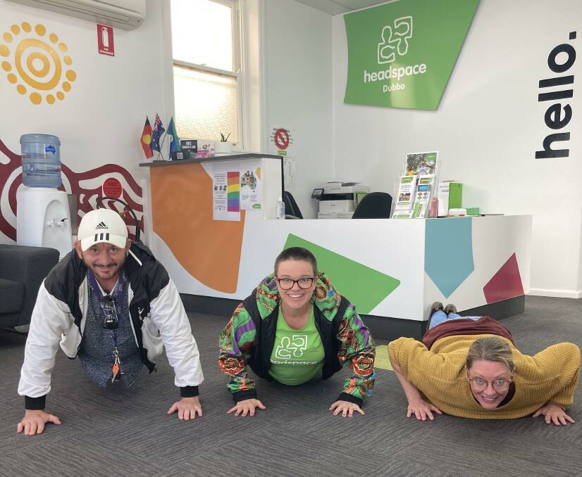 MENTAL HEALTH FUNDRAISER: Getting ready for the Push-Up Challenge from June 1 to June 25 are headspace Dubbo's Todd Marr, Amy Mines and Candice Edwards. Photo: CONTRIBUTED.