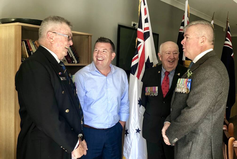 VETERANS: Member for the Dubbo electorate Dugald Saunders (second from left), who has announced grants for projects honouring veterans, chats with Tom Gray, Bert McLellan and Clint Grose on Anzac Day 2019. Photo: CONTRIBUTED.