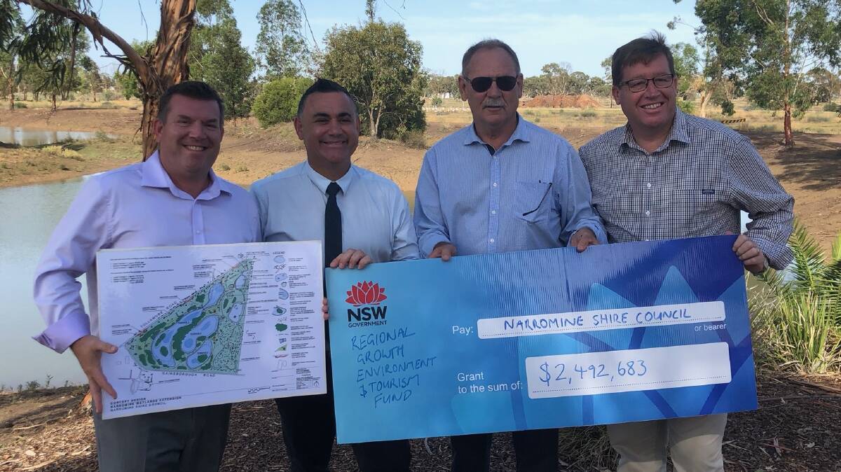 WETLANDS GRANT: The Nationals' candidate for the seat of Dubbo Dugald Saunders, Deputy Premier and Minister for Regional NSW John Barilaro, Narromine Shire Council mayor Craig Davies and Member for Dubbo Troy Grant celebrate an almost $2.5 million grant for a Narromine Wetlands project. Photo: Contributed