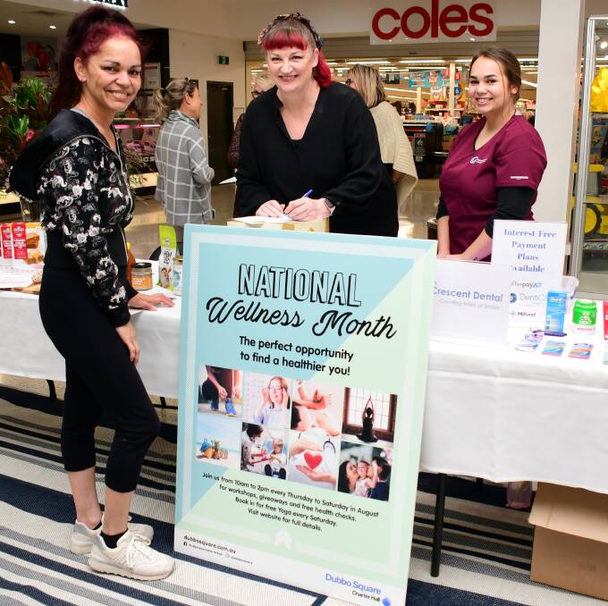 NATIONAL WELLNESS MONTH: Teresa Dodd speaks with Sonya O'Connor and Yamirra Talbot at Dubbo Square on Thursday. Photo: BELINDA SOOLE