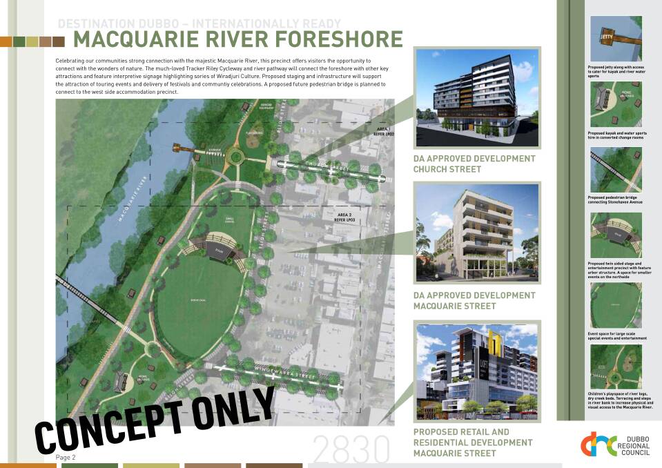 'Premier Lane' is pictured with other planned CBD developments on a concept document for the Macquarie River Foreshore Precinct.