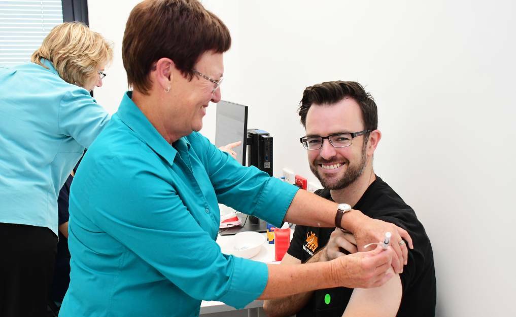 FIRST: Dubbo Hospital's Emergency Department director Dr Dan Stewart gets the first jab under phase 1a on March 22. Photo: BELINDA SOOLE.