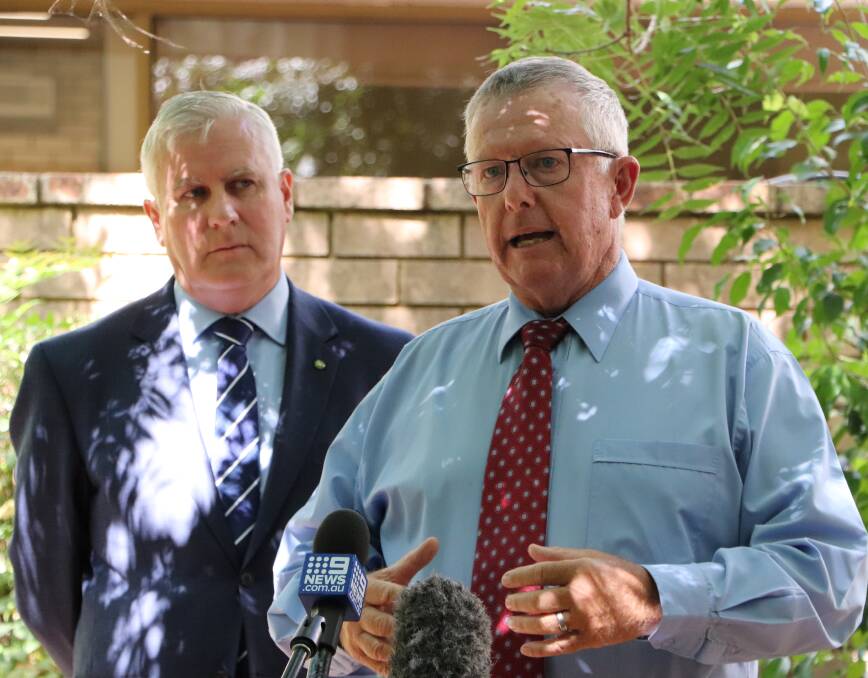 UPGRADE: Deputy Prime Minister and Minister for Infrastructure, Transport and Regional Development, Michael McCormack, listens to federal Member for Parkes Mark Coulton talk about the Nyngan to Cobar pipeline. Photo: CONTRIBUTED.

