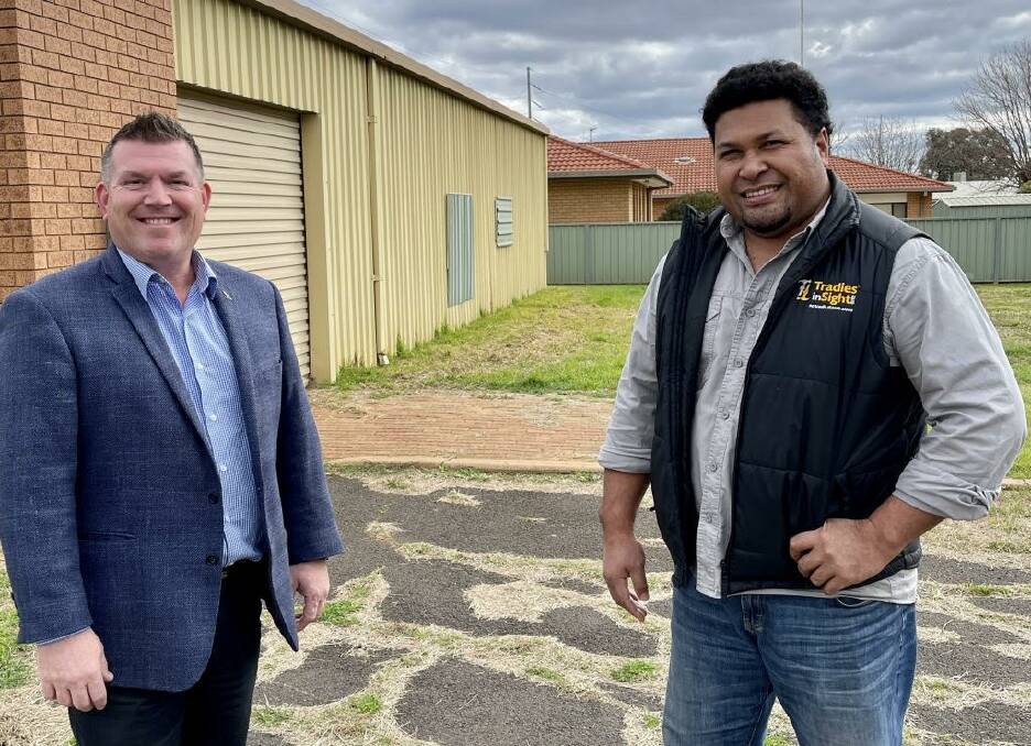 HOME: State Member for the Dubbo electorate Dugald Saunders and Tradies In Sight founder Bruno Efoti check out its new home. Photo: CONTRIBUTED. 