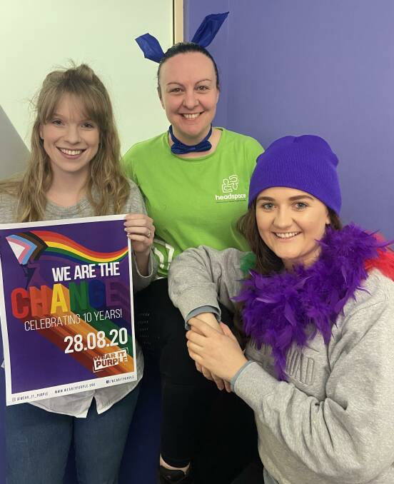 WEAR IT PURPLE DAY: Staff at headspace Dubbo, including Abbey Brooke, Melanie Read and Ashleigh Watmore, are asking the community to get behind Wear it Purple Day on Friday. Photo: CONTRIBUTED.
