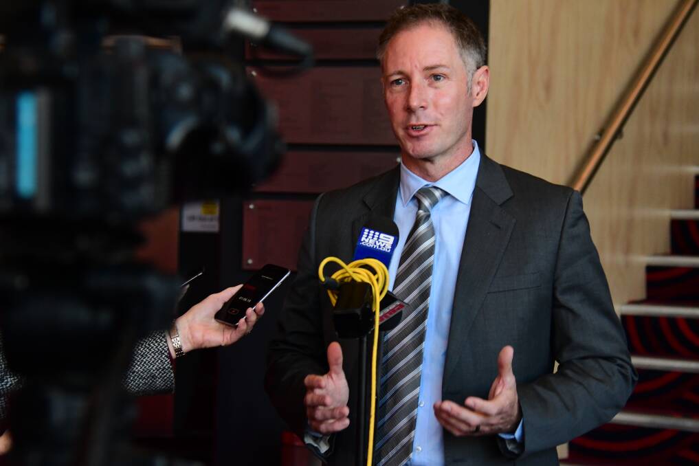 PAUSE: Western NSW Local Health District chief executive Scott McLachlan addresses the media in Dubbo on the "pause" in birthing services in Parkes. Photo: BELINDA SOOLE