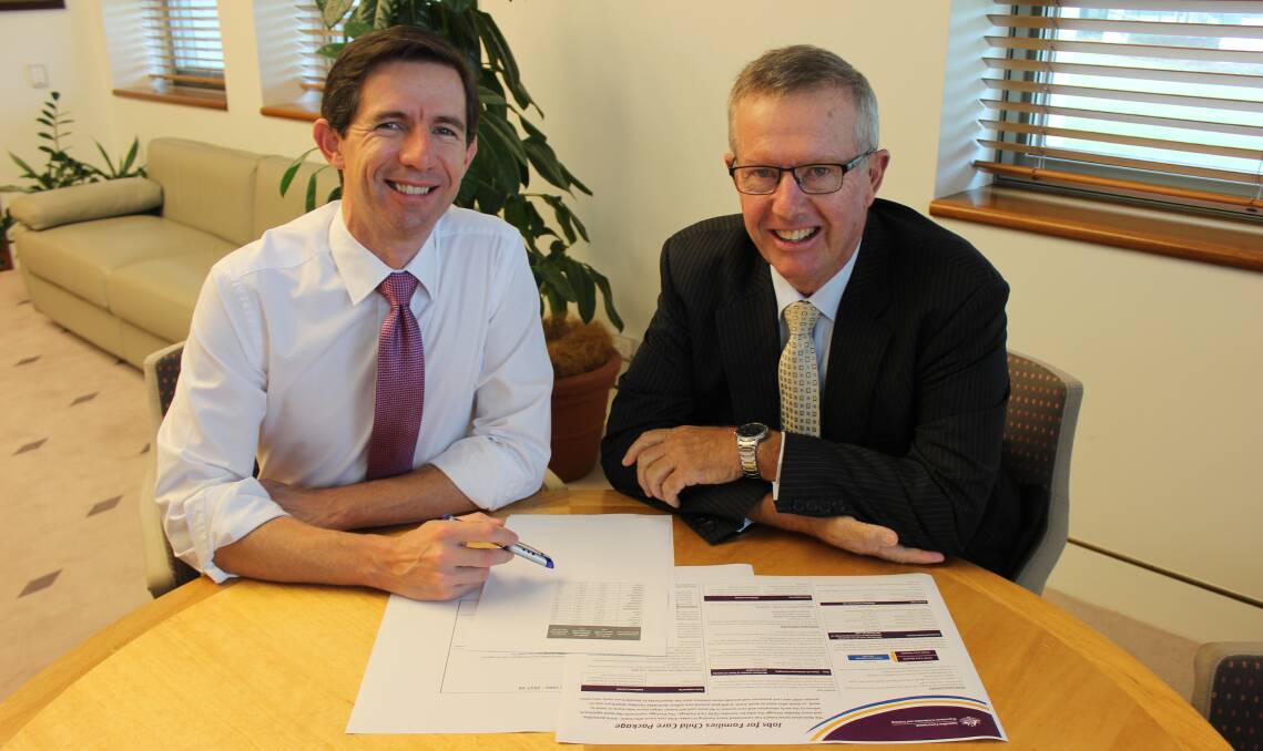 GRANT: Federal Education and Training Minister Simon Birmingham meets with Member for Parkes Mark Coulton who has announced a $500,000 grant for Dubbo Christian School. Photo: Contributed.
