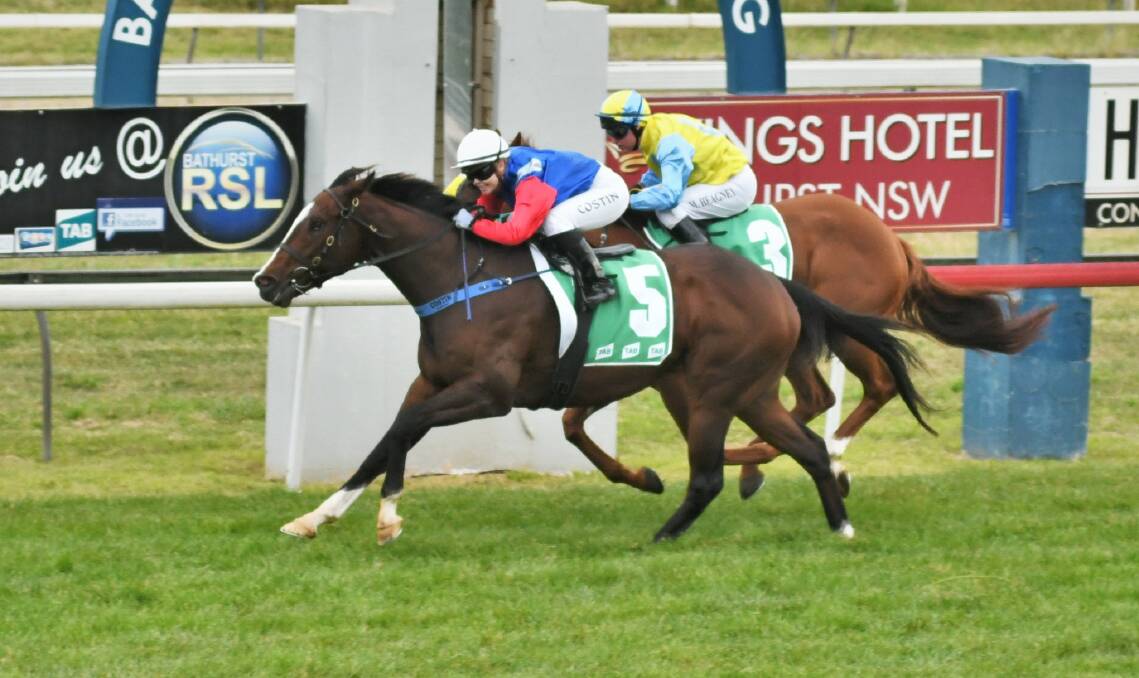 MADE IT: Lemaire gets past Great Buy to win Monday's Bathurst Soldier's Saddle. Photo: CHRIS SEABROOK