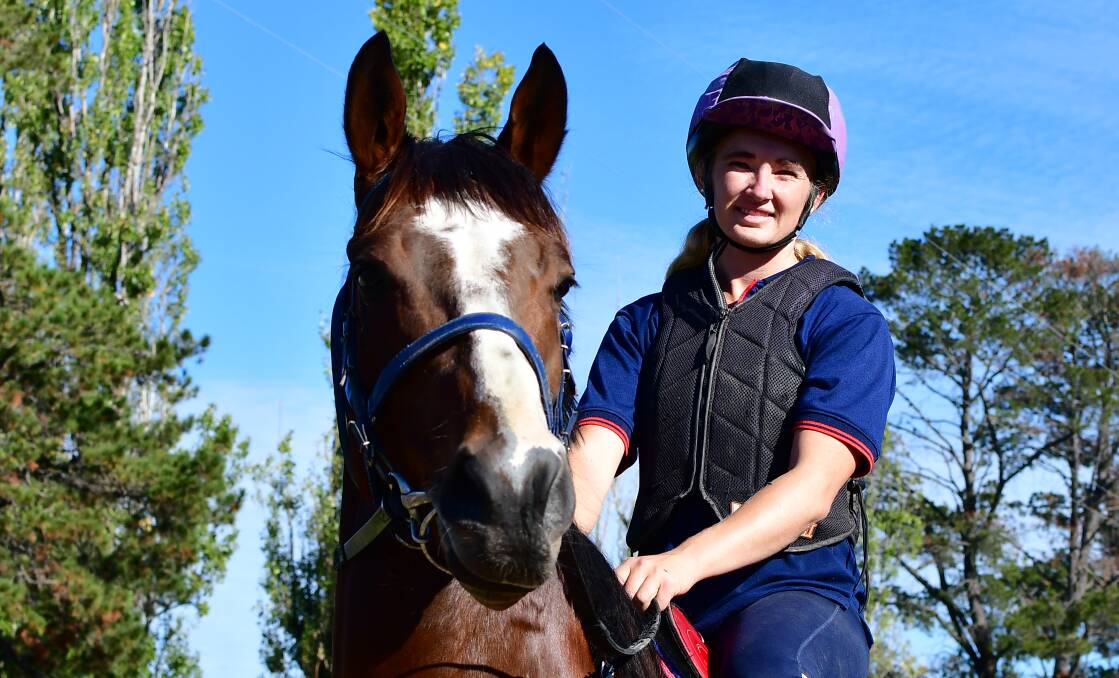 PREPARED: Heeby Frenly, with trackwork rider Candice Duddek, is Bathurst's sole representative in the Soldier's Saddle. Photo: ALEXANDER GRANT