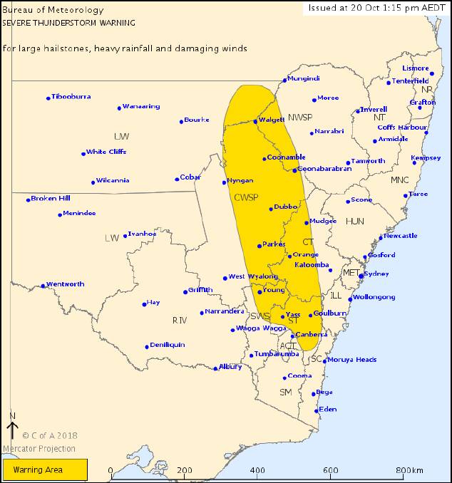 Severe weather warning: The Bureau of Meterology has issued a severe thunderstorm warning for the above area. Photo: Bureau of Meterology. 