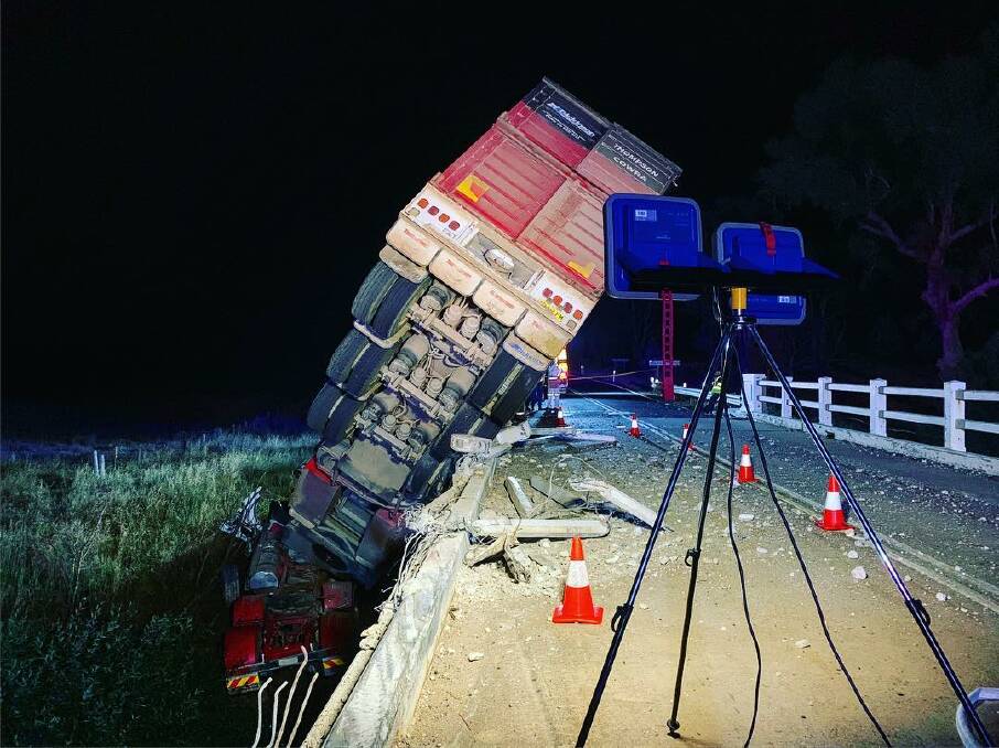Serious crash: A truck carrying cattle crashed off the Beryl Bridge near Gulgong on Wednesday night. Photo: NSW Fire and Rescue Gulgong