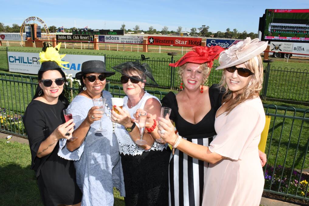 Winning: Shayne Carr, Grace Toomey, Di Mellor, Jamie Bennett and Jodie Cookson enjoying Derby Day. Photo: Amy McIntyre