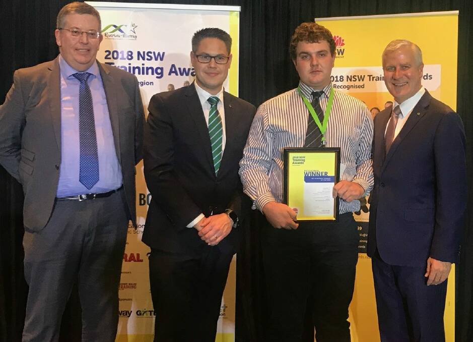 Winner: Manager of Apprenticeships & Traineeships Andrew Clements, Nationals MLC Wes Fang, Lachlan Carney, and Deputy PM Michael McCormack.