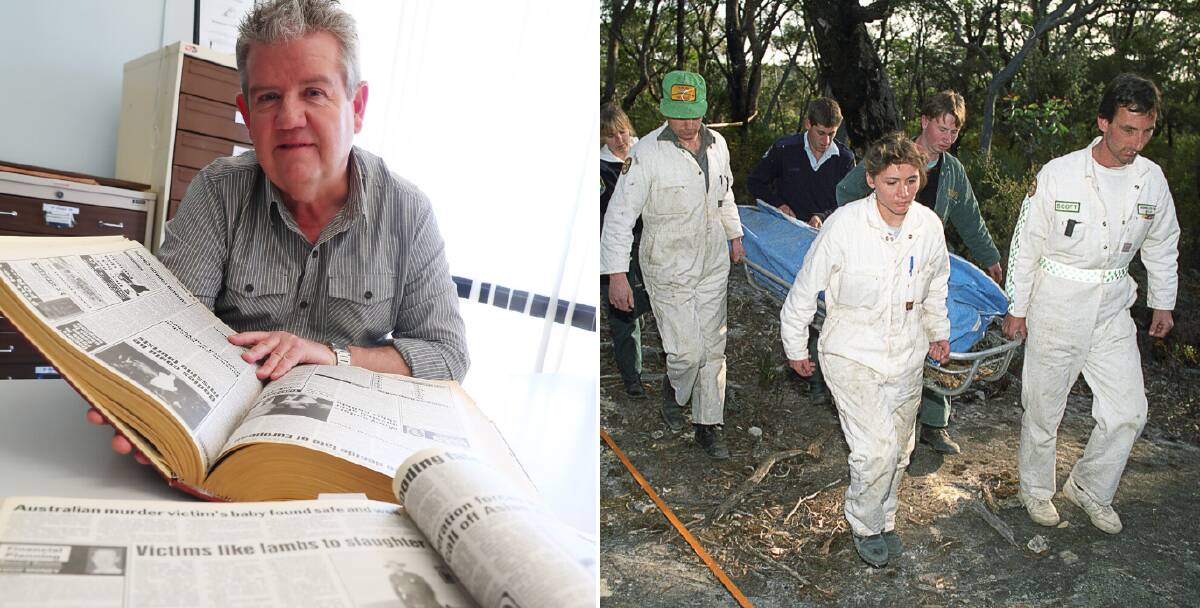 GROUND ZERO: Les Smith flicks through old archived copies of newspapers which show his picture (on the right) of forensics carrying out one of the first bodies found in 1992. Picture: Emma Hillier 