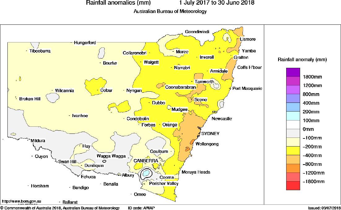 Rainfall anomalies in NSW run into hundreds of millimetres in many parts of the state in the last year. Graph courtesy of BOM.
