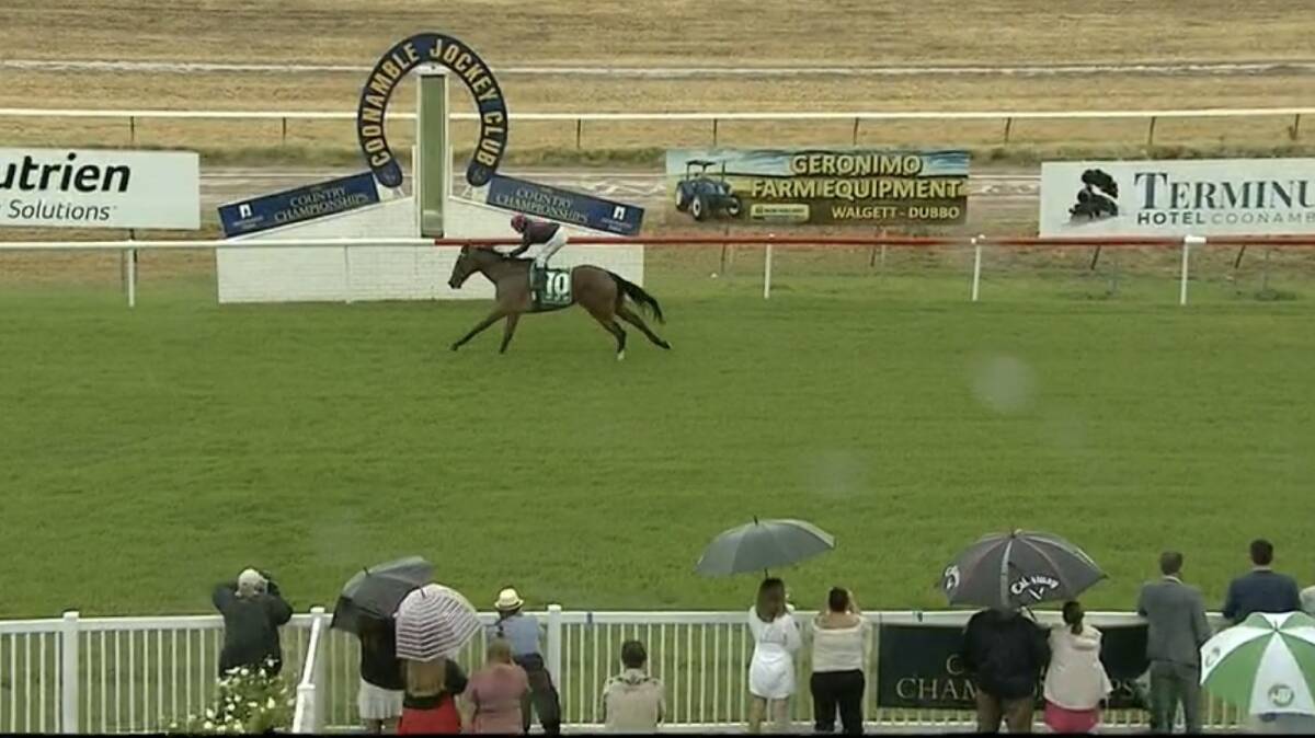 WET AND WILD: Tidal Impact won the first event at a wet Coonamble Jockey Club on Sunday.