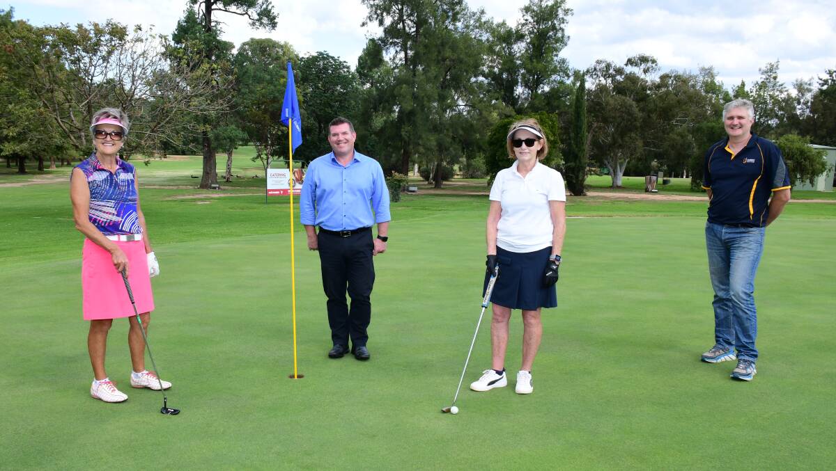 Sue Button (left) and Sue Orbell with Dubbo MP Dugald Saunders and Dubbo Golf Club general manager Rod Archer. Photo: BELINDA SOOLE