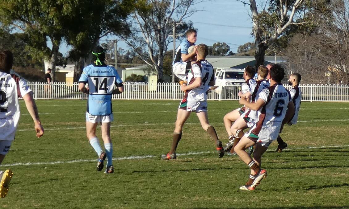 FLYING HIGH: Gulgong's Sam Gorrie leaps above defenders to take a high ball on the weekend. Photo: CONTRIBUTED