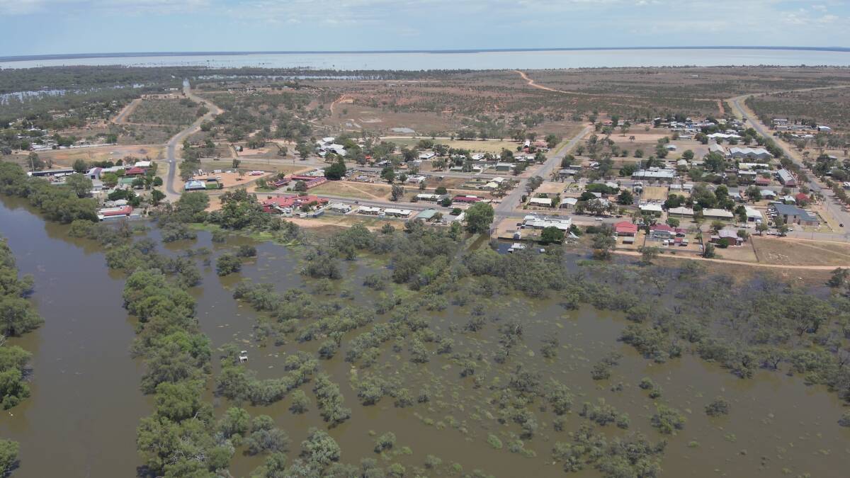 An aerial view of the floodwater on Darling River at Menindee township. Picture by Water NSW