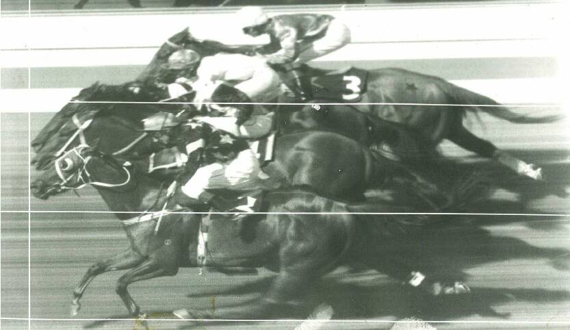 TOO CLOSE: The photo finish of the triple dead heat at Cowra in 1997. 