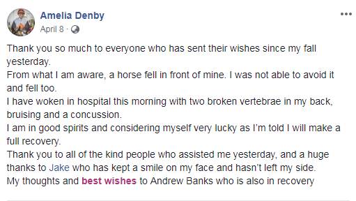 THANKFUL: Amelia Denby's message after her fall at Wellington in April.
