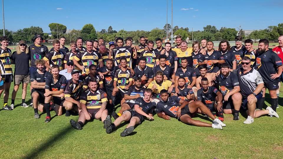 GOOD TIMES: The Rhinos and Griffith players together after Saturday's trial hit-out. Photo: DUBBO RHINOS FACEBOOK