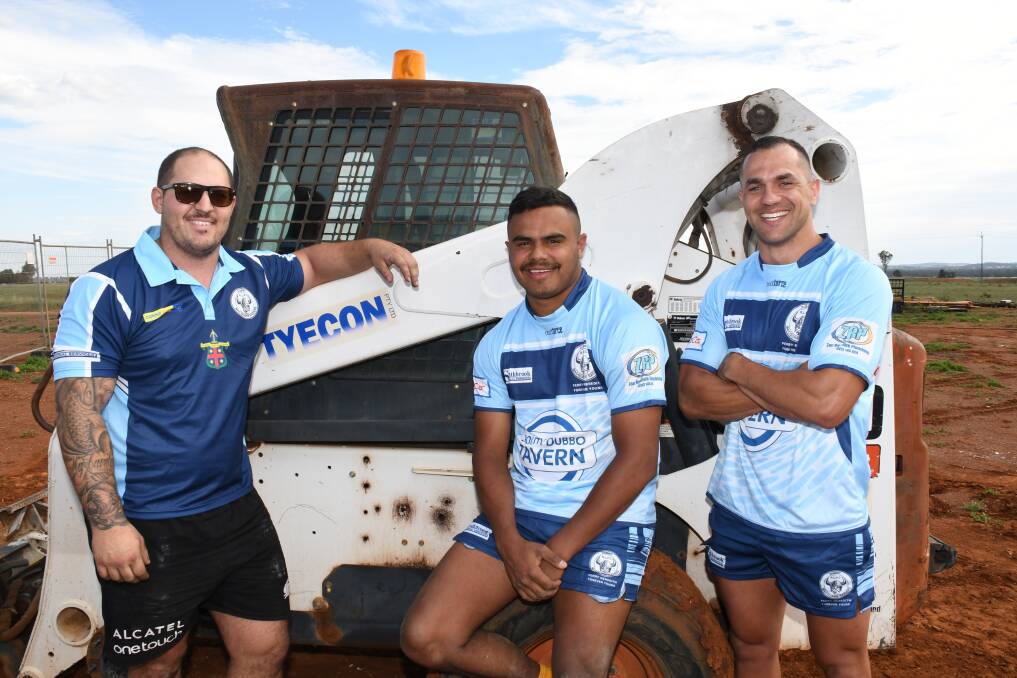 GO AGAIN: Returning Raider Brody Chapman, new signing Farren Lamb, and captain-coach Wes Middleton, at a worksite of club sponsor Tyecon. Photo: BELINDA SOOLE