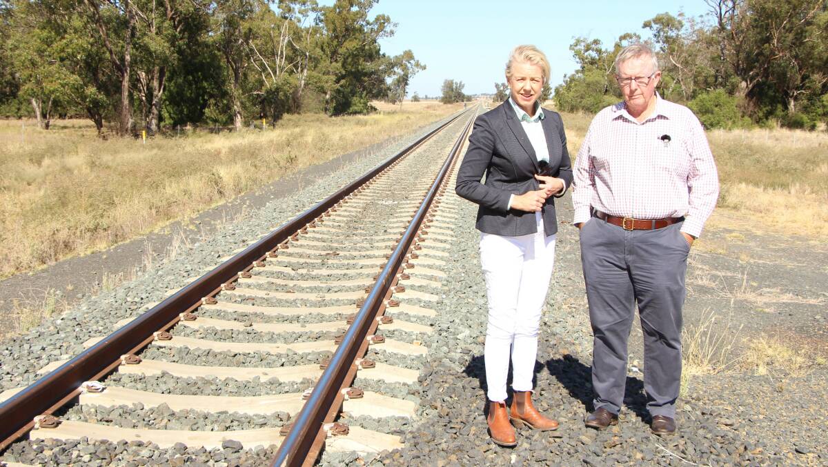Federal Member for Parkes Mark Coulton and Senator Bridget McKenzie view a completed section of the Inland Rail near Narromine. Picture supplied