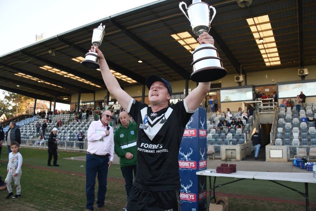 Nick Greenhalgh celebrates after the Forbes Magpies' Peter McDonald Premiership triumph on Sunday. Picture by Amy McIntyre
