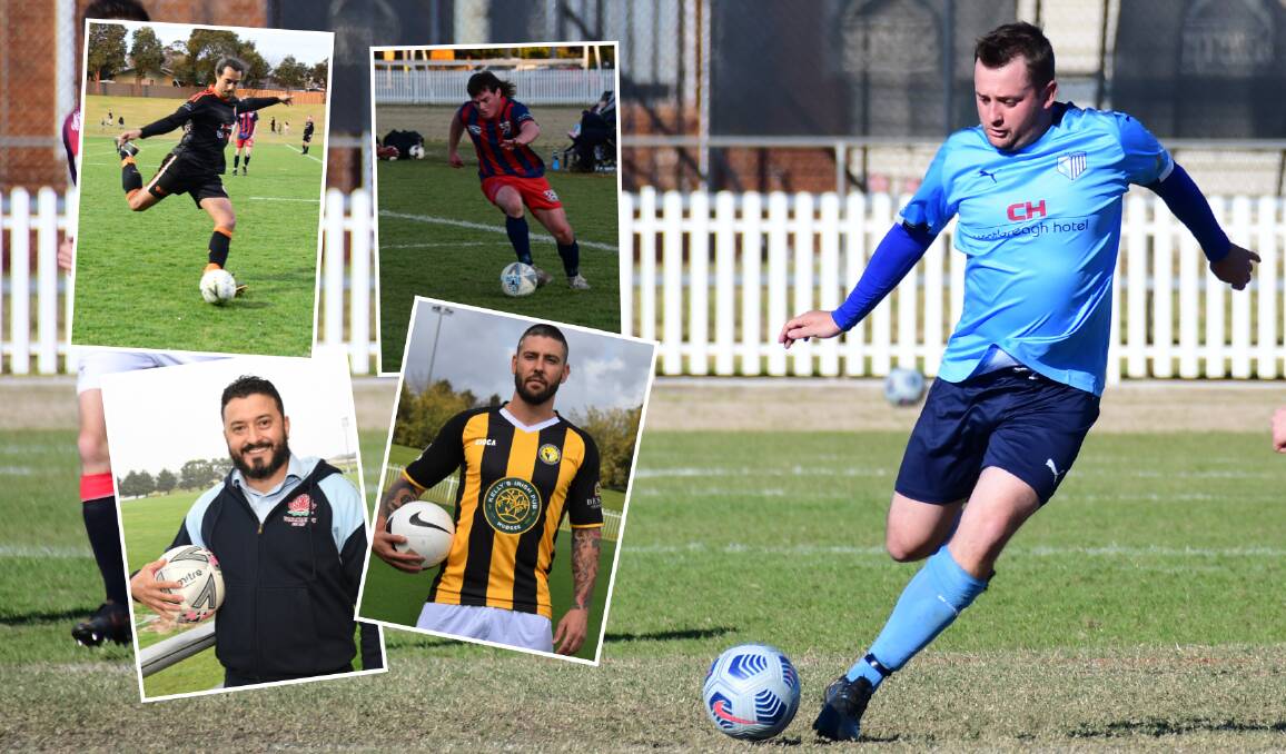 READY TO GO: Macquarie's Brad Matiuscenko will be key for his side while (insets, clockwise from top left) Dubbo FC's Alex Richardson-Bell, Duncan Cahill of Orana Spurs, Mudgee leader Lindsay Henderson and Waratahs coach Adam Scimone are also out for success.