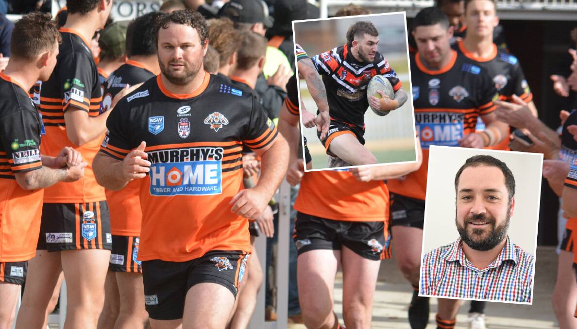 HELPING HAND: Clubs like Jacob Neill's Nyngan Tigers and Ben Shepherd's Lithgow (inset, top) will benefit from the assistance guaranteed by NSWRL's Evan Jones (inset, bottom). Picture: Nick Guthrie