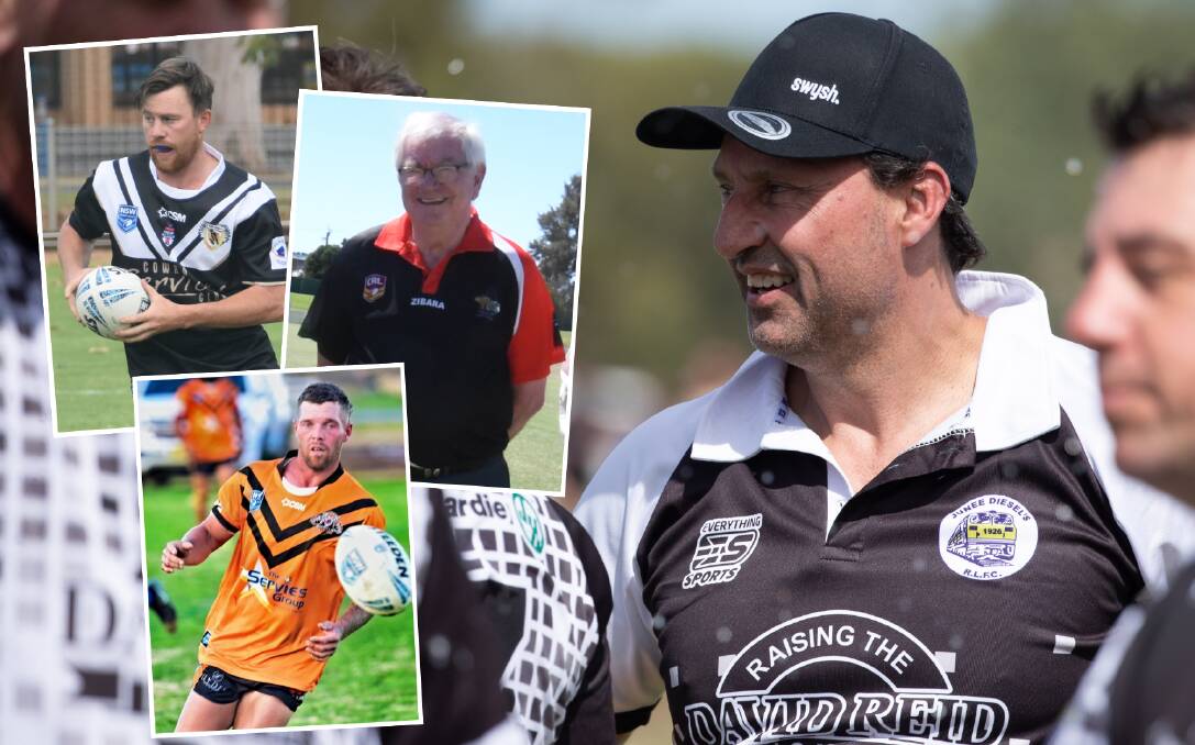 Former Australian representative Laurie Daley (main) and (insets top and bottom) Jack Nobes and Mitch Doring from struggling clubs Cowra and Manilla as well as NSWRL's Bob Walsh.