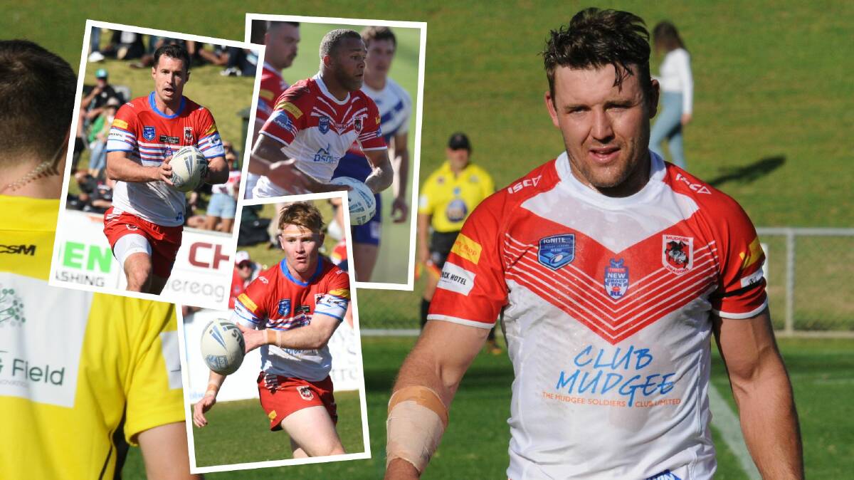 Clay Priest is back to lead Mudgee again alongside key Dragons players (inset, clockwise from top) Ethan Pegus, Jack Beasley and Jack Littlejohn.